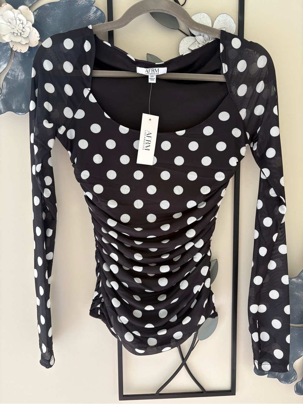 AFRM Black and White Polka Dot Ruched Long Sleeve Top